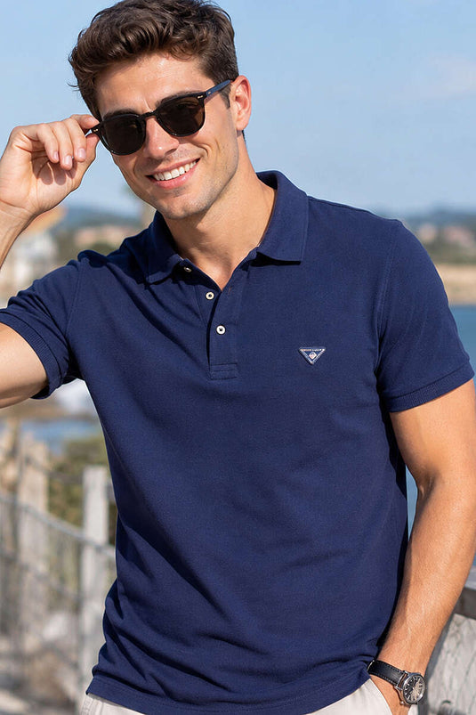 Polo Yaka Düğmeli Armalı Erkek T-shirt Marin