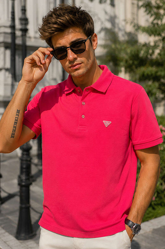 Polo Yaka Düğmeli Armalı Erkek T-shirt Nar Çiçeği
