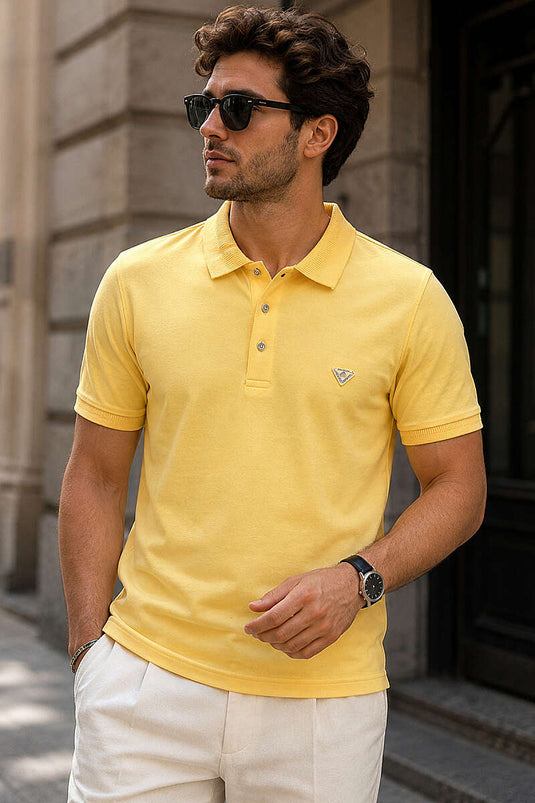 Polo Yaka Düğmeli Armalı Erkek T-shirt Sarı