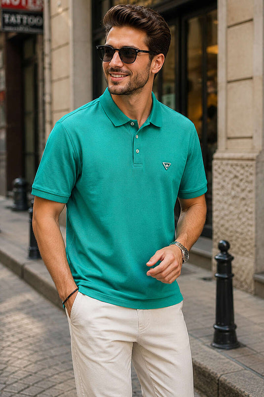 Polo Yaka Düğmeli Armalı Erkek T-shirt Yeşil