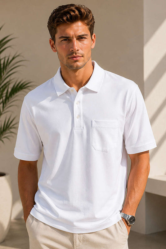 Polo Yaka Düğmeli Cepli Erkek T-shirt Beyaz