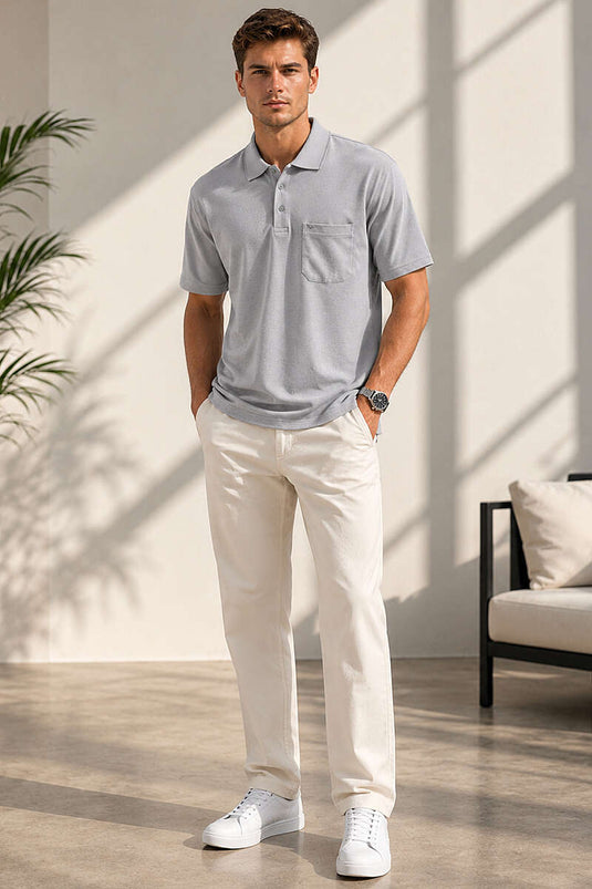Polo Yaka Düğmeli Cepli Erkek T-shirt Gri