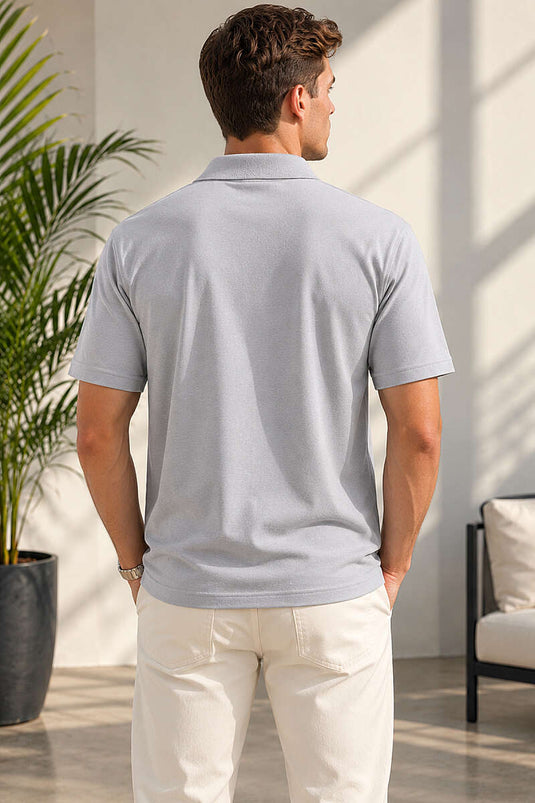 Polo Yaka Düğmeli Cepli Erkek T-shirt Gri