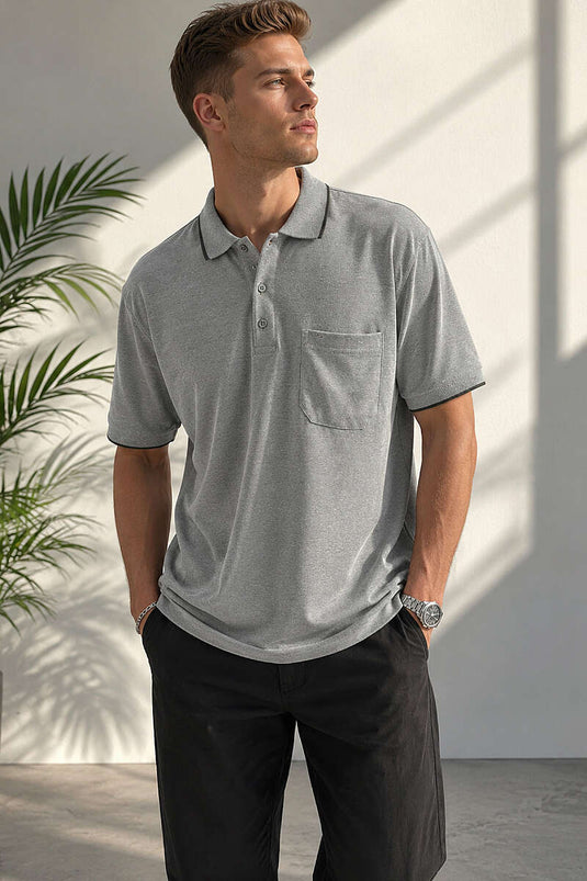 Polo Yaka Düğmeli Cepli Erkek T-shirt Haki