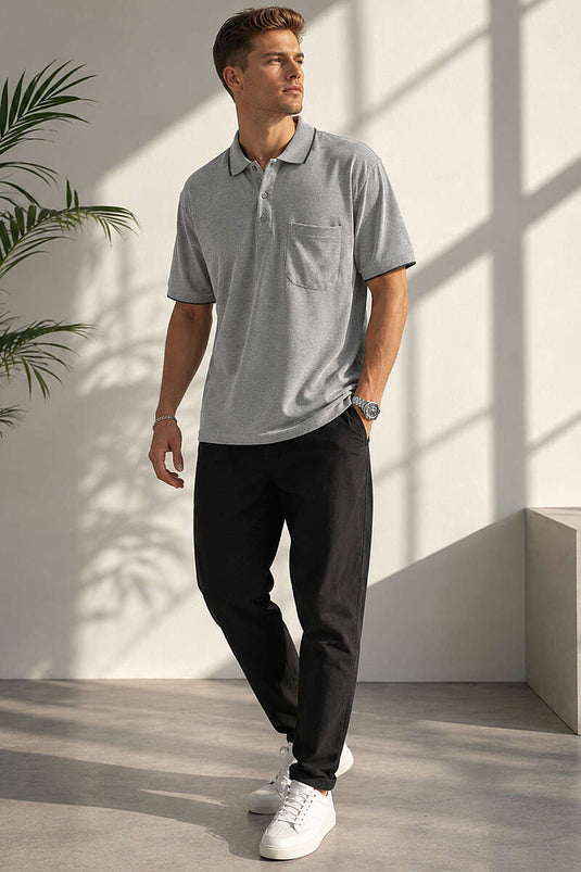Polo Yaka Düğmeli Cepli Erkek T-shirt Haki