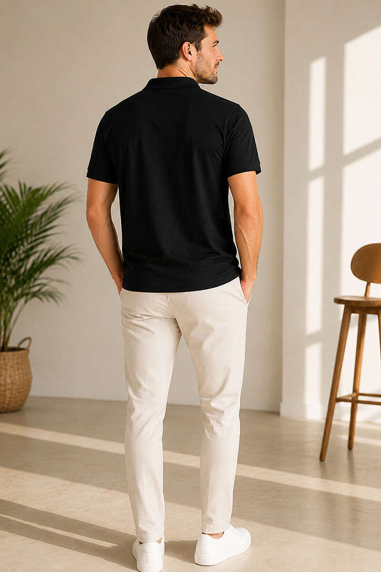 Polo Yaka Düğmeli Cepli Erkek T-shirt Siyah