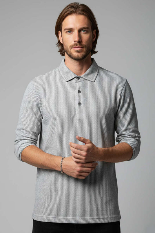 سويت شيرت مخطط بياقة بولو وأزرار بلون زيتي