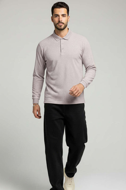 Sweat-shirt rayé à col polo avec boutons, couleur pierre