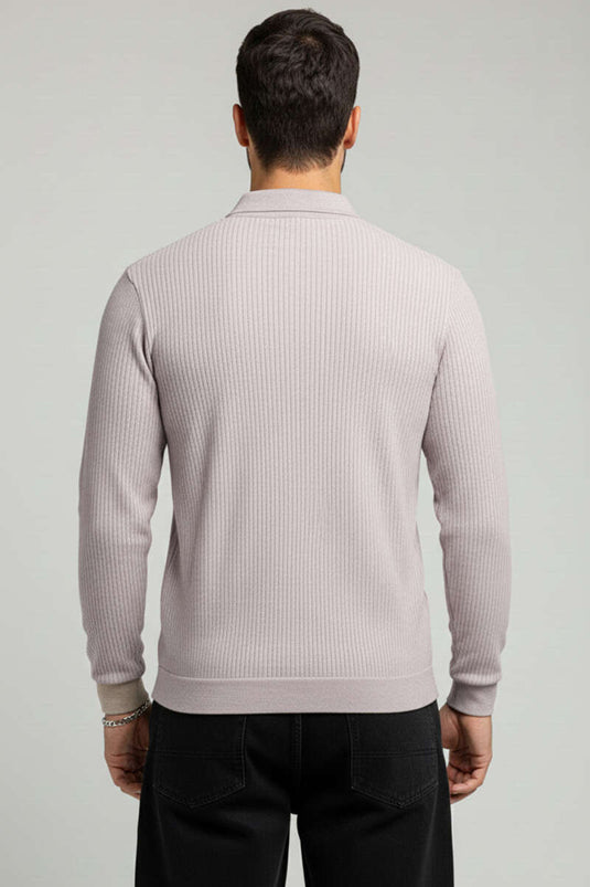 Sweat-shirt rayé à col polo avec boutons, couleur pierre