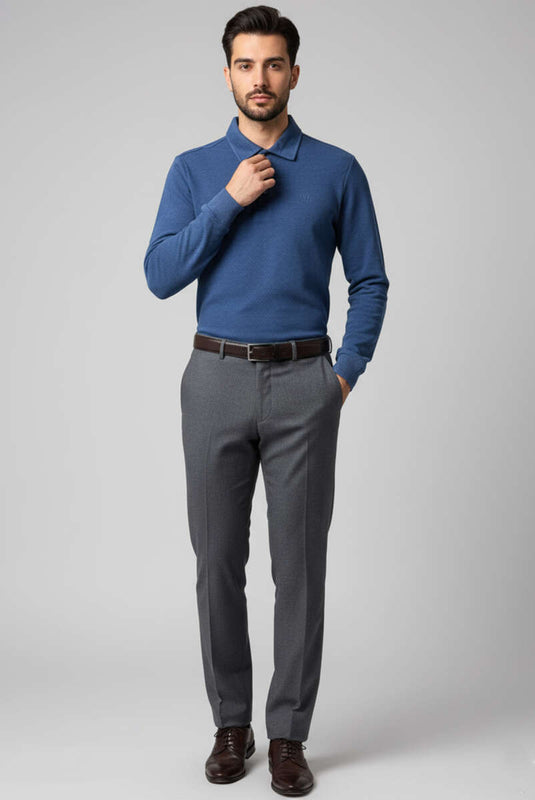 Men's Polo Collar Button-Down Sweatshirt, Blue