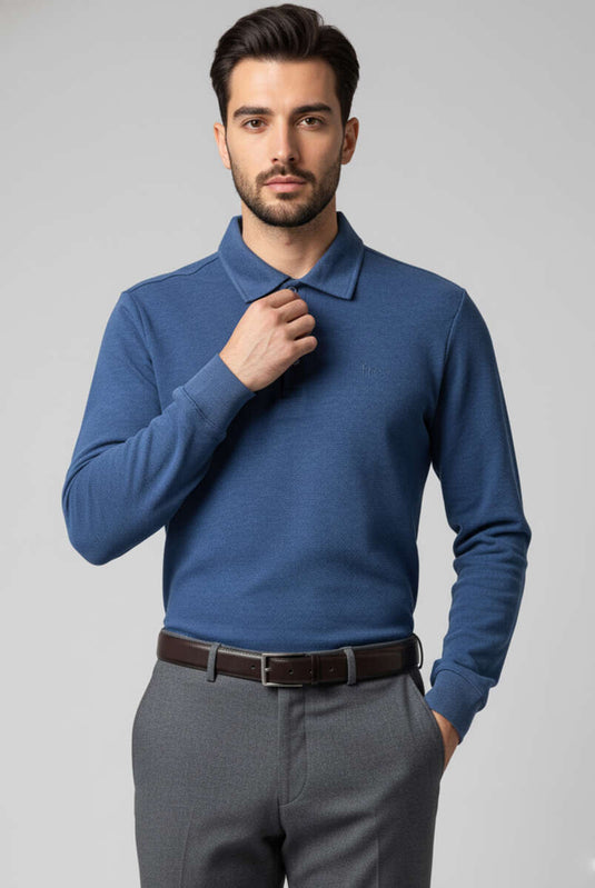سويت شيرت رجالي بياقة بولو وأزرار أمامية، أزرق