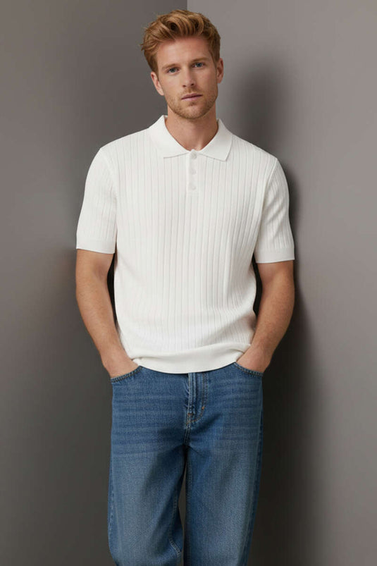 Polo Collar Buttoned Mercerized T-Shirt White