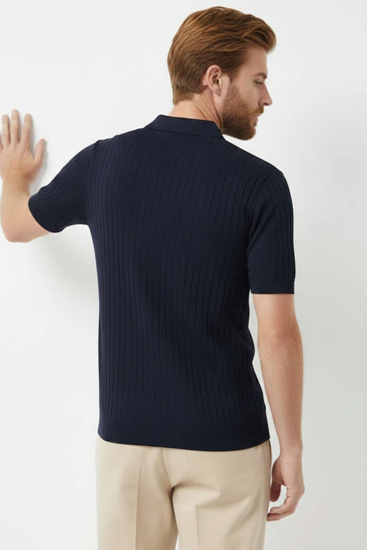 Polo Collar Buttoned Mercerized T-Shirt Navy Blue
