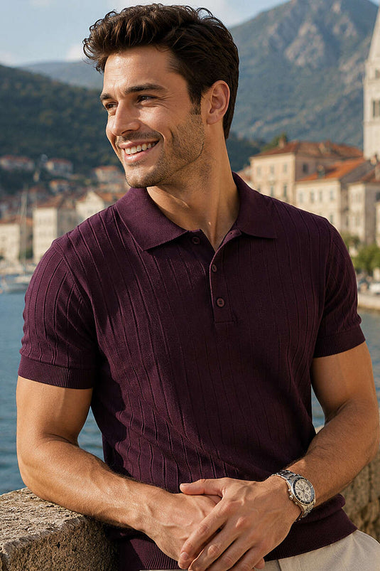T-shirt en coton mercerisé à col polo avec boutons, couleur mûre