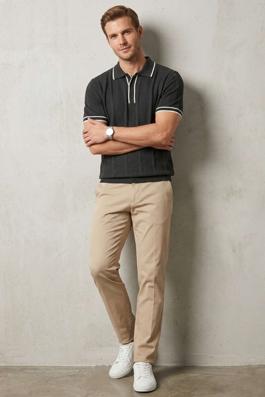 Polo Yaka Düğmeli Örme Erkek T-shirt Füme