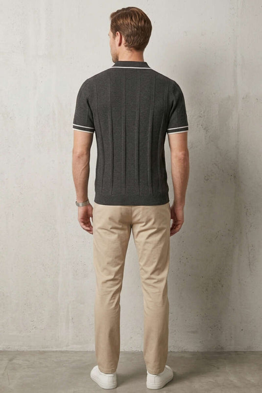 Polo Yaka Düğmeli Örme Erkek T-shirt Füme