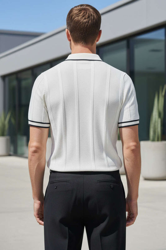 T-shirt homme en maille crème à col polo boutonné