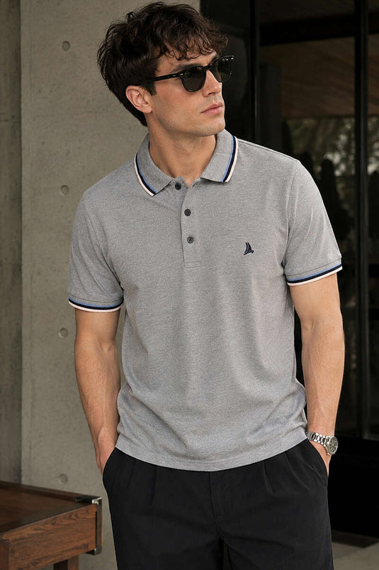 T-shirt homme gris à col polo avec boutons et bord-côte
