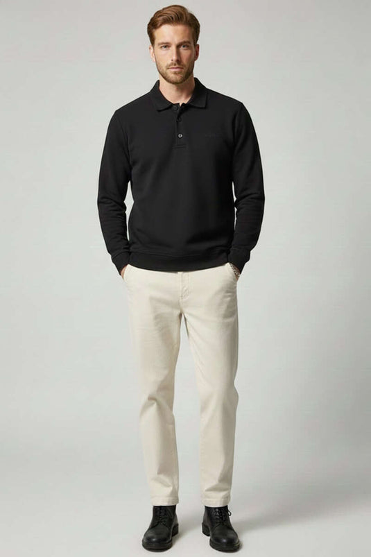 Polo Yaka Düğmeli Selanik Erkek Sweatshirt Siyah