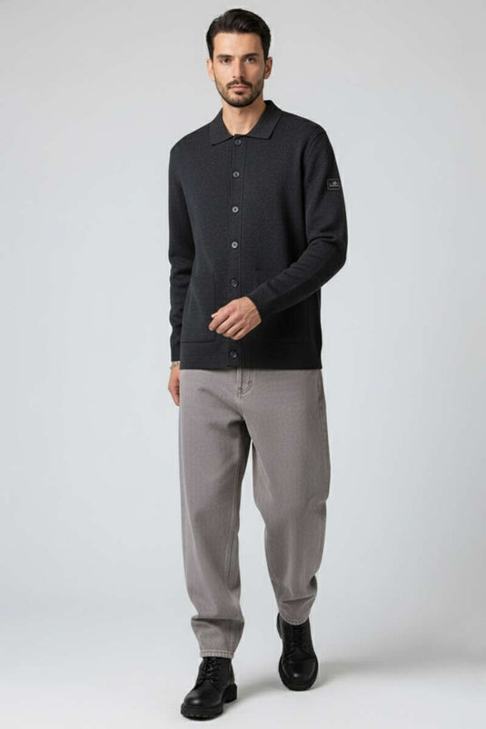 Polo Collar Buttoned Knit Men's Cardigan Anthracite