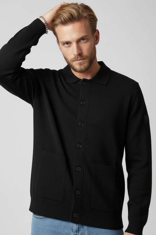 Men's Polo Collar Buttoned Knit Cardigan, Black