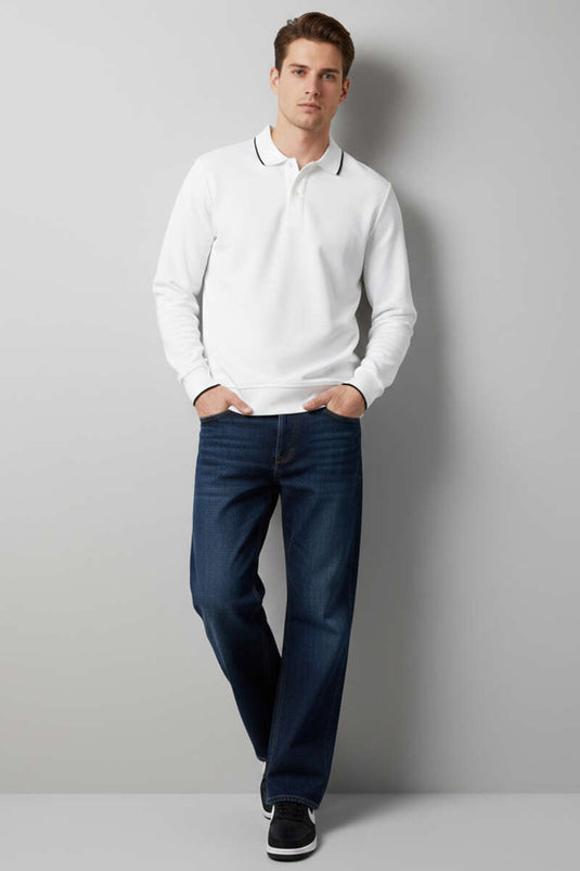 Polo Collar Buttoned Long Sleeve Sweatshirt White