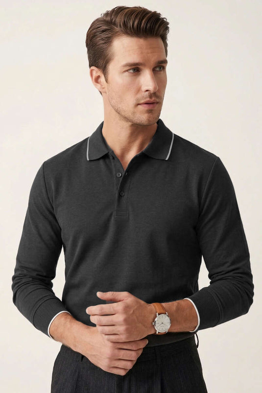Sweatshirt à manches longues avec col polo et boutons, couleur fumée