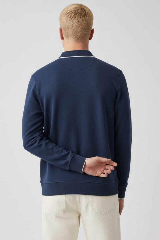 Polo Yaka Düğmeli Uzun Kol Sweatshirt Lacivert