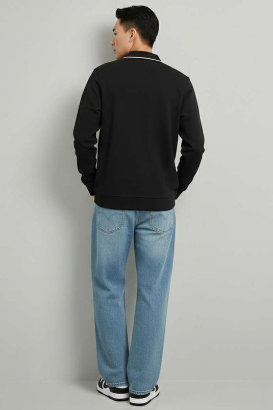 Polo Yaka Düğmeli Uzun Kol Sweatshirt Siyah