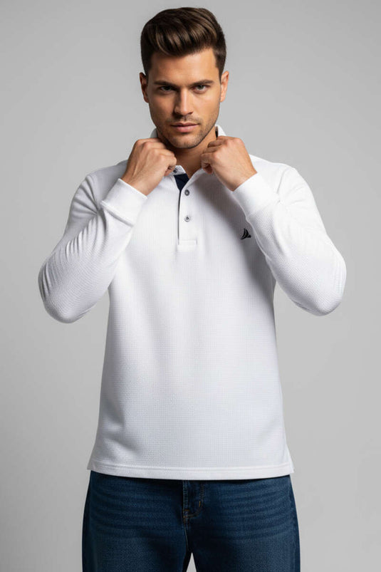 Felpa bianca con colletto a polo e bottoni