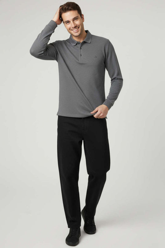 Polo Collar Button-Down Waffle Sweatshirt, Dark Gray