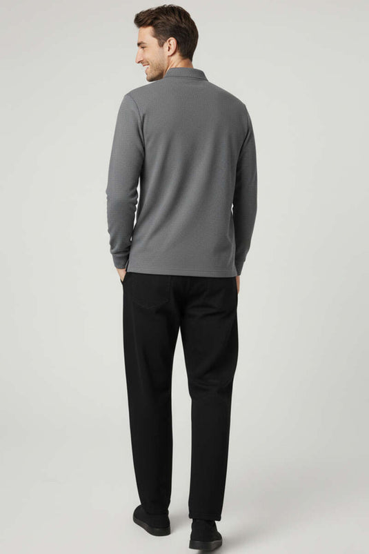 Polo Collar Button-Down Waffle Sweatshirt, Dark Gray