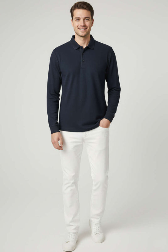 Navy Blue Button-Down Polo Collar Waffle Sweatshirt