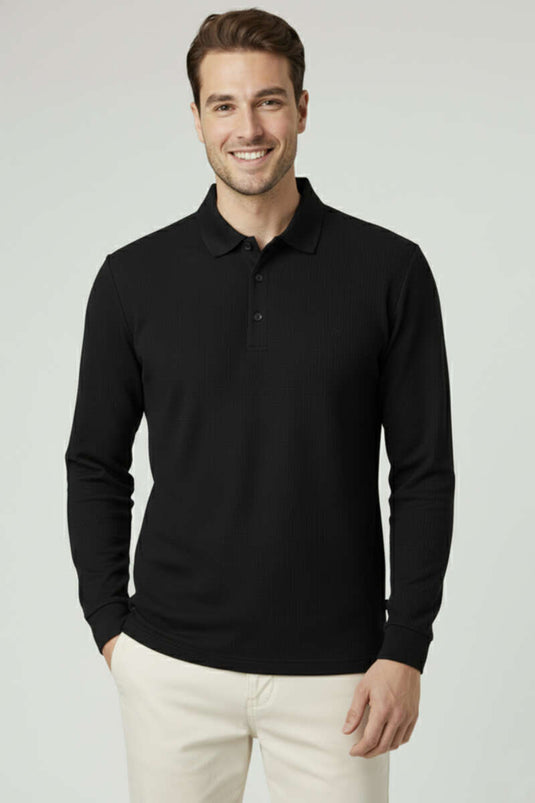 Polo Collar Button-Down Waffle Sweatshirt Black