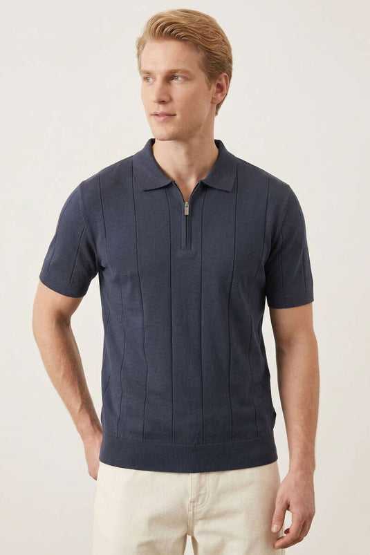 Polo Yaka Fermuar Detaylı Merserize T-Shirt Koyu Lacivert