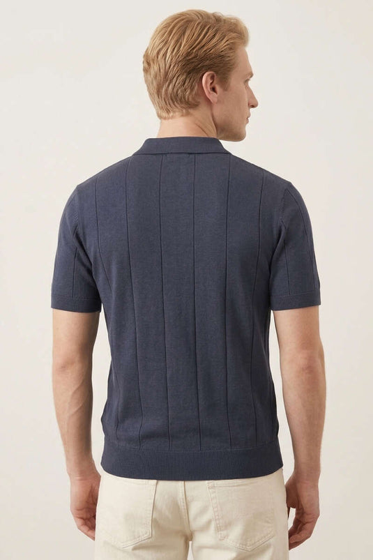 Polo Yaka Fermuar Detaylı Merserize T-Shirt Koyu Lacivert