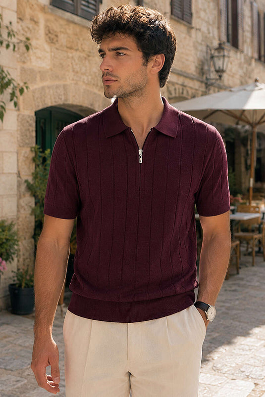 T-shirt en mercerisé avec col polo et détail zippé, couleur mûre