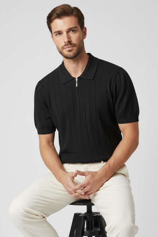 T-shirt en mercerisé noir à col polo avec fermeture éclair