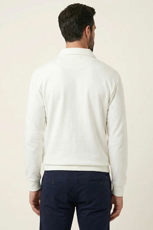 Basic Men's Sweatshirt with Polo Collar and Zipper, Ecru