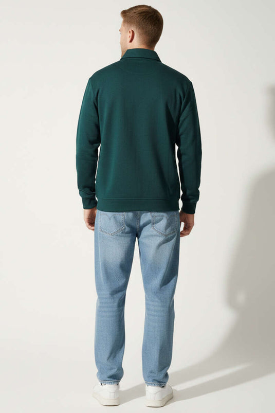 Basic Men's Sweatshirt with Polo Collar and Zipper, Olive Green