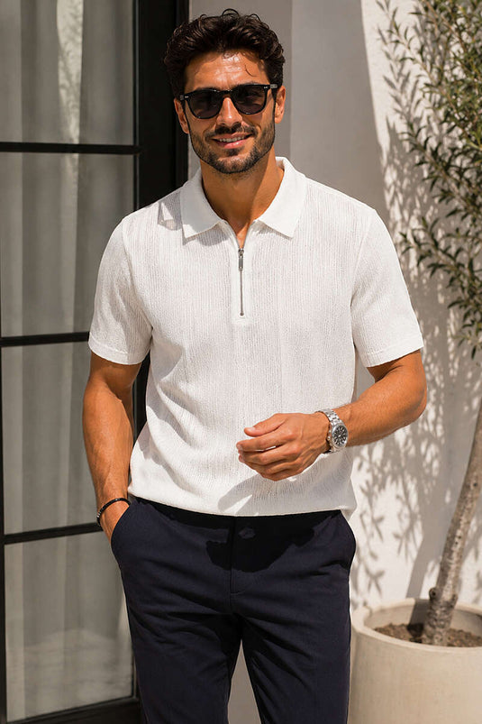 T-shirt homme basique à col polo zippé couleur écru