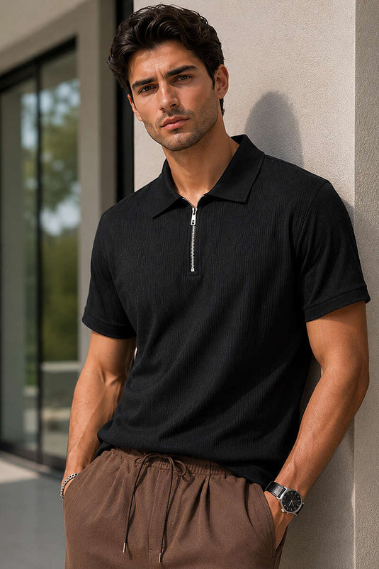 Basic Men's Polo Collar Zip-Up T-Shirt Black