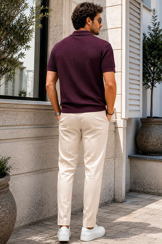 Polo Yaka Fermuarlı Detaylı Merserize Erkek T-shirt Mürdüm