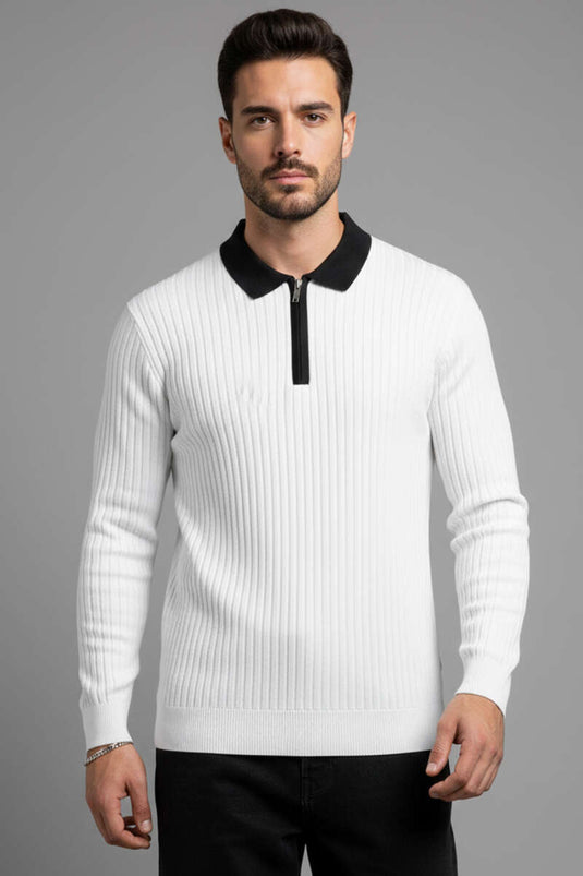 Pull homme côtelé blanc à col polo zippé