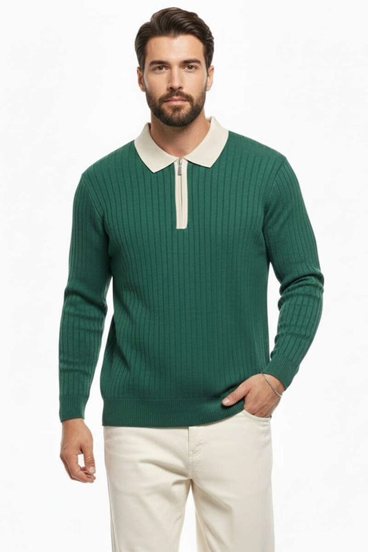 Pull homme côtelé à col polo zippé couleur vert olive
