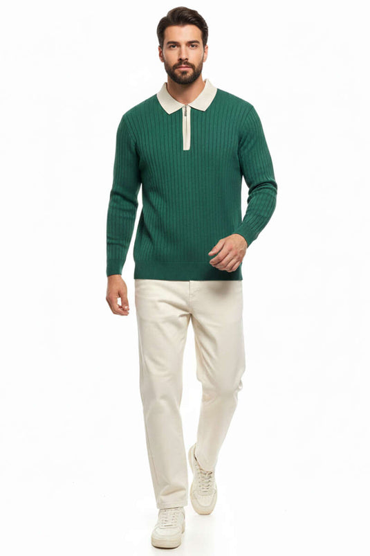 Pull homme côtelé à col polo zippé couleur vert olive