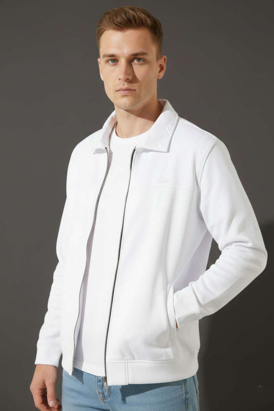 Polo Collar Zippered Patterned Men's Sweatshirt White