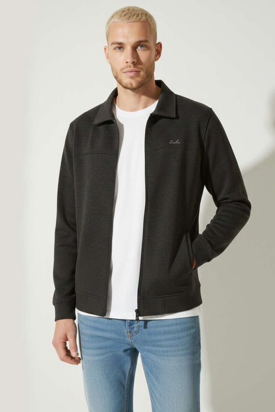 Polo Yaka Fermuarlı Jakarlı Erkek Sweatshirt Füme