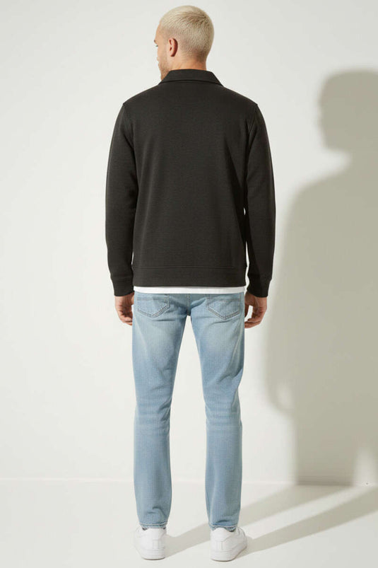 Polo Yaka Fermuarlı Jakarlı Erkek Sweatshirt Füme