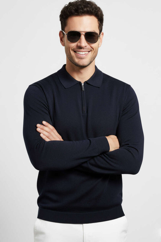 Polo Yaka Fermuarlı Merserize T-shirt Lacivert